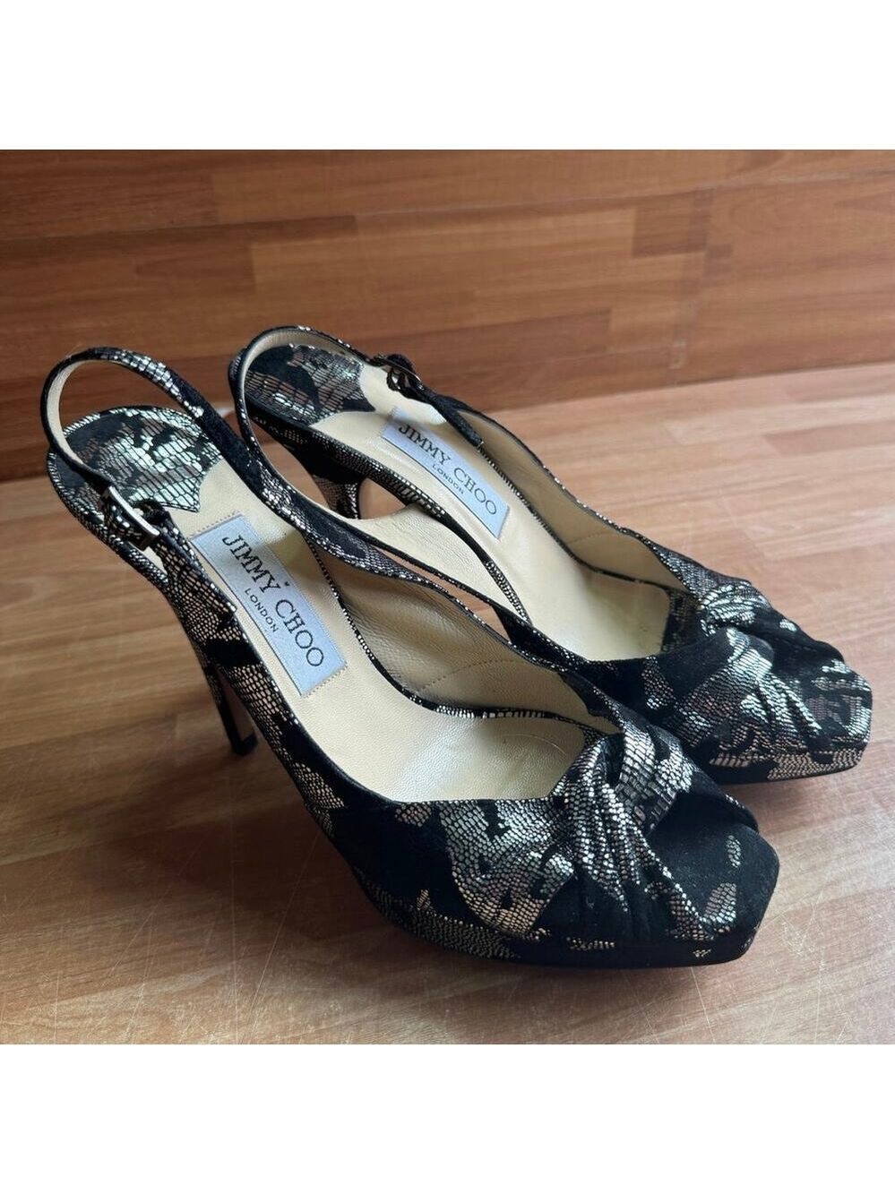 Jimmy Choo Gino Black Silver Metallic Brocade Platform Slingback